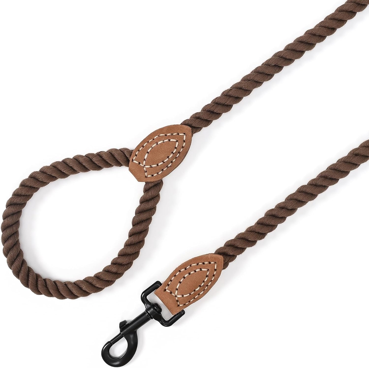 Dog Leash, Braided Cotton Rope Leashes with Leather Tip - Heavy Duty Metal Clasp, 4FT, 1/2" Thick - Wedding, Walking & Training Leash for Small Medium Large Dogs (Dark Brown)