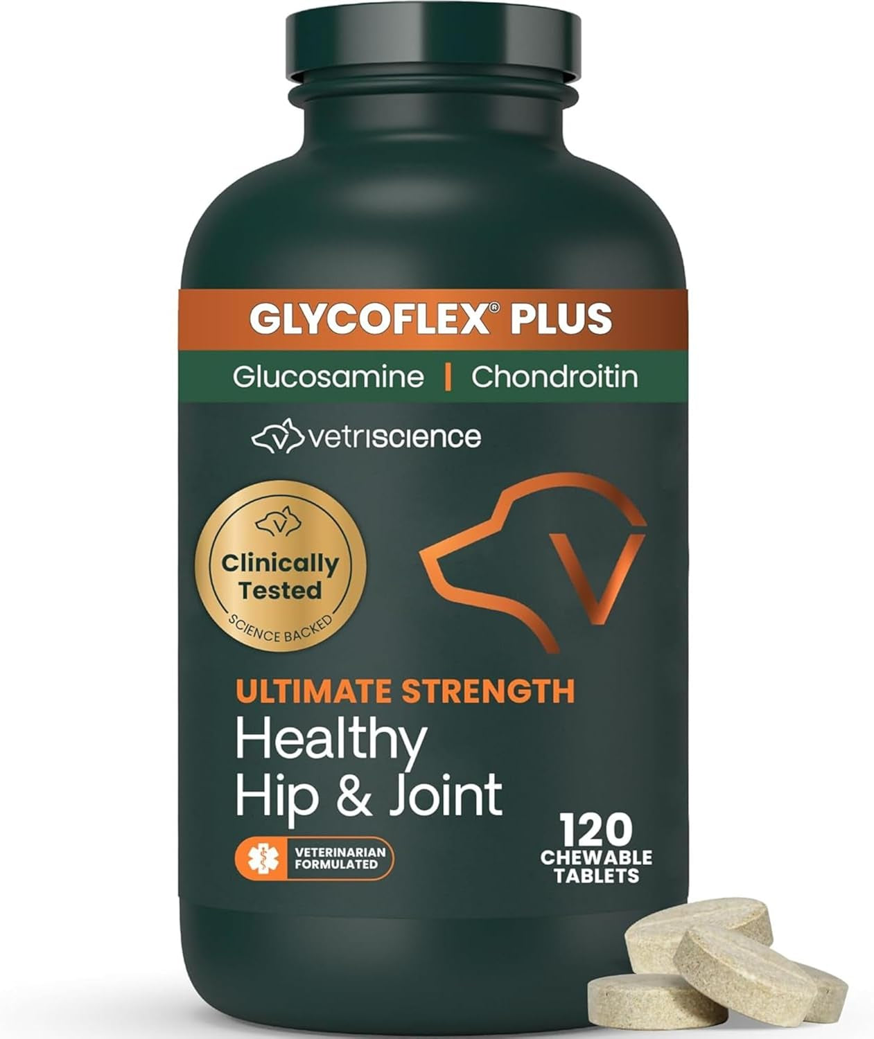 Ultimate Strength Healthy Hip & Joint Chewable Tablets, Glycoflex Glucosamine, Chondroitin and Green-Lipped Mussel Joint Supplement for Dogs, Soothe Joint Discomfort, Chicken, 120 Count