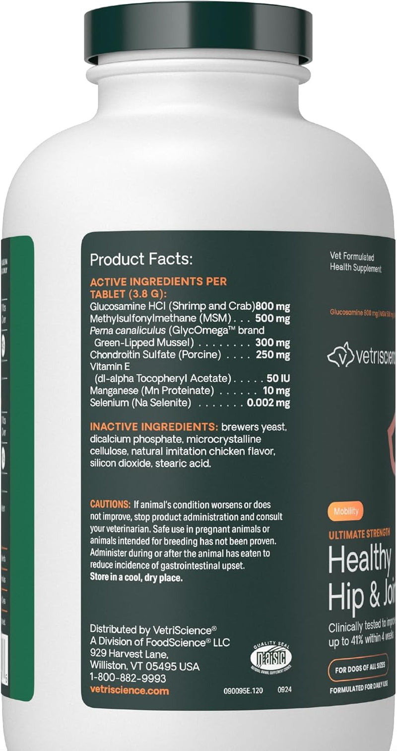 Ultimate Strength Healthy Hip & Joint Chewable Tablets, Glycoflex Glucosamine, Chondroitin and Green-Lipped Mussel Joint Supplement for Dogs, Soothe Joint Discomfort, Chicken, 120 Count